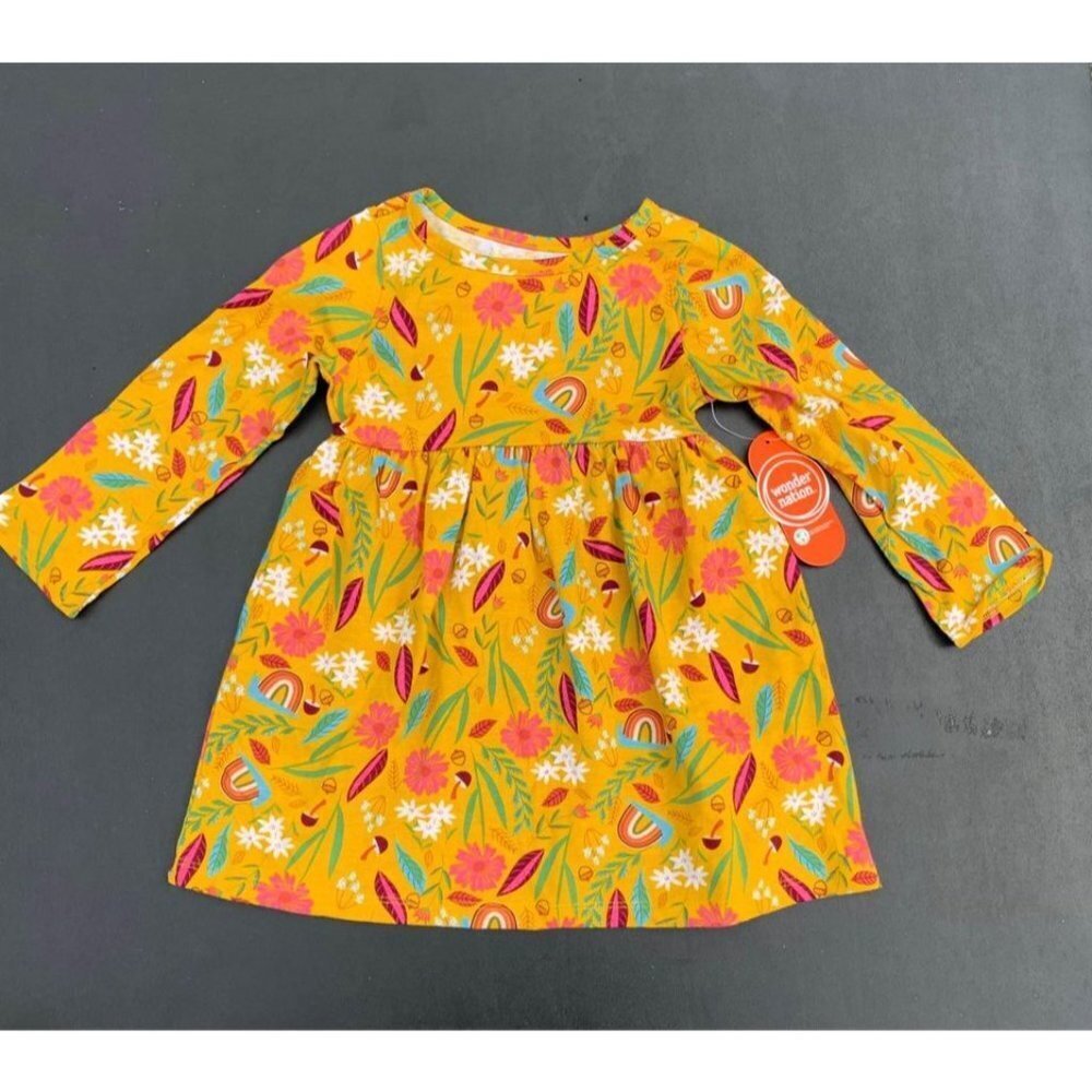 NWT Wonder Nation Cotton Long Sleeve Dress Size 2T Girls Yellow Fall/Woodland D1